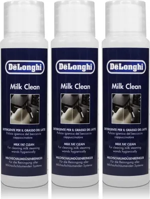 Three bottles of DeLonghi Milk Clean cleaning solution are shown against a white background.