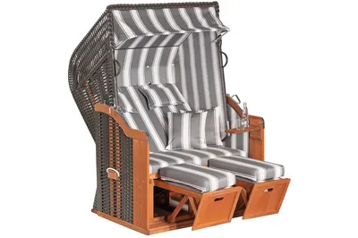 Produktbild von Rustikal Strandkorb 250 PLUS 2-Sitzer, Halblieger Ostseeform, Geflecht anthrazit, Strukturpolyester grau-weiß gestreift, Fichtenholz lasiert, ca.125x90x160