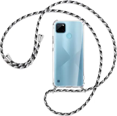 Produktbild von Handykette Backcover-Schutzhülle mit Band (Metall silberfarben) für  Realme C21Y /C25Y - schwarz/grau/weiß