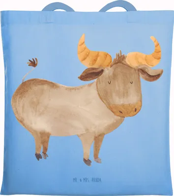 Produktbild von Mr. & Mrs. Panda Jutebeutel Sternzeichen Stier - Sky Blue - Geschenk, Tasche, Geburtstag Mai, Schultasche, Rind, Tote Bag, April, Einkaufstasche, Ochse, Beutel