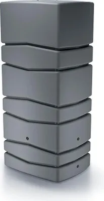 A tall, gray, rectangular water butt with a segmented design.