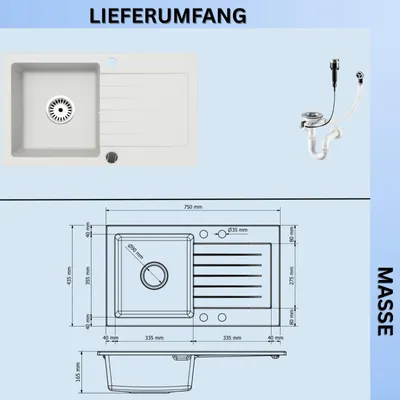 Produktbild von [Granitspüle 76x44 in verschiedenen Farben]Hochwertig beidseitig Montierbar Küchenspüle Eckig Einbaugranitspüle Granit Spülbecken f. Unterschränke ab 45 cm inkl.Siphon Set, K-Farbe:Weiß
