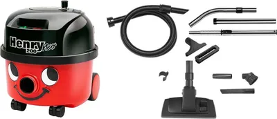 A red and black Henry vacuum cleaner with various attachments displayed to the right.