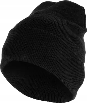 A black beanie hat is shown against a white background.