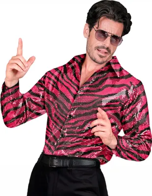 Produktbild von Pailletenhemd mit Tigerpringt pink für Herren - S / M