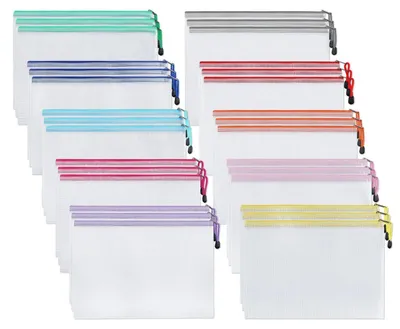 Zdjęcie produktu dla Koperty dokumentowe A6, 40 sztuk, wykonane z siatki plastikowej, zamykane na zamek błyskawiczny, format A6, wymiary 20,4 x 19,7 cm