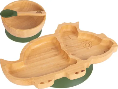 Produktbild von 3pc Olivgrün Kinder Bambus Dinosaurier Teller, Schüssel & Löffel-Set mit Silikon-Saugnapf - Segmentiertes Design Baby & Kleinkind Entwöhnung Geschirr - Umweltfreundlich & Biologisch Abbaubar - Von Tiny Dining