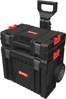 A black rolling tool chest with a red logo and red latches, shown from a diagonal front view.