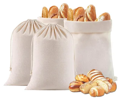 Produktbild von Leinen Brotbeutel Set - 4-teilig mit Kordelzug - Zur Aufbewahrung von Brot, Obst und Gemüse - 30x40 cm