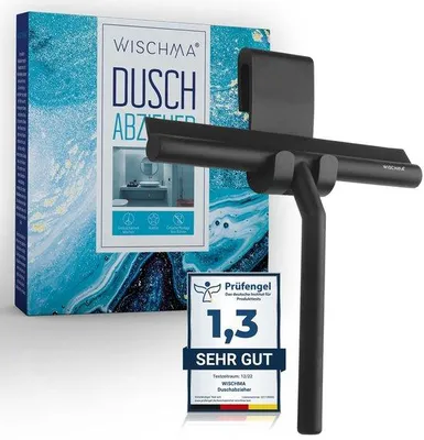 Produktbild von Dusche-Wischer aus schwarzem Silikon, Glas und Edelstahl, streifenfrei