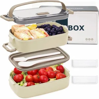 Zdjęcie produktu dla Pudełko bento 3 w 1, 1600 ml, hermetyczne, beżowe, z przegrodami i zestawem sztućców