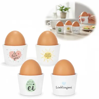 Produktbild von LS-LebenStil 4x Porzellan Eierbecher Set lustige witzige Sprüche Gute Laune Eierhalter