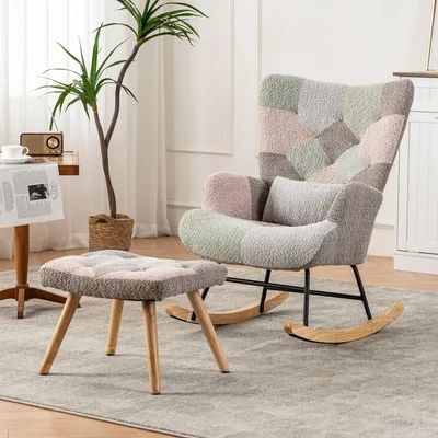 Produktbild von KLAM HOME Schaukelstuhl Relaxsessel mit Lendenkissen und Fußstütze Loungesessel mit hoher Rückenlehne Freizeitstuhl Gestell aus Gummibaumholz