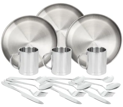 Produktbild von Campinggeschirr Set mit Edelstahltellern, Thermobechern & Lunch-Besteck für 3 Personen