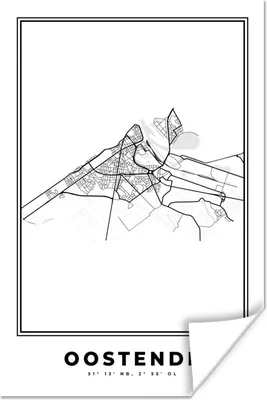 Produktbild von MuchoWow® Poster Belgien - Ostende - Stadtplan - Karte - Schwarz und weiß - Karte 20x30 cm - Papierdruck