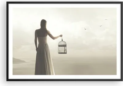 Produktbild von Gerahmtes Poster - Schwarzer Rahmen - Frau Käfig Vogel - 91,5x61 cm - Wand Bild - Wanddeko - Wandbilder - Kunstposter - Wandposter - Bilderrahmen - Bilder - Kunstdruck Wanddekoration - P2BAA91x61-4787