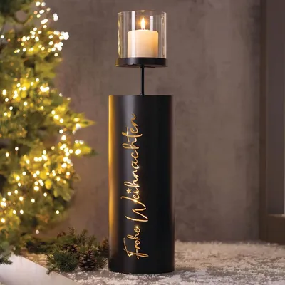 Produktbild von Windlichtsäule "Frohe Weihnachten" aus Metall, schwarz, 60 cm groß, Dekosäule mit Kerzenglas, Bodenwindlicht, Kerzensäule
