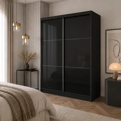 Produktbild von Schrank mit Schwebetüren VIVA 150cm - Kleiderschrank mit Schubkasteneinsätze & Kleiderstangen (Schwarz)