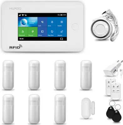 Produktbild von HUXGO HXA006 Alarmanlage Haus WiFi + GSM 4G LTE mit Sirene, Alarm System mit 7x Bewegungssensor und 1x Tür- Fenstersensor, Alarmanlage für Wohnung, Haus, Garage, Tuya Smartlife App