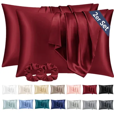 Produktbild von Set mit 2 Satin-Kissenbezügen, 40 x 80 cm, rot, seidenweich und pflegeleichter als Seidenkissenbezüge, Satin-Kissenbezug für Haut und Haar, inklusive 2 Haargummis