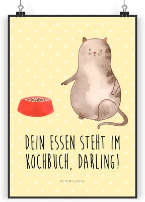 Produktbild von Mr. & Mrs. Panda Bild Katze Fressen DIN A3 - Gelb Pastell - Geschenk, Wandschmuck, Wanddekoration, Posterdruck, Kunstdruck, wanddeko
