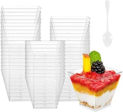Produktbild von 100 Stück Dessertgläser, 60ML Dessertschalen Set, Dessertgläser Wiederverwendbar für Mousse Pudding Eiscreme Food Dessert Party Hochzeit Buffet(Transparent) (100)