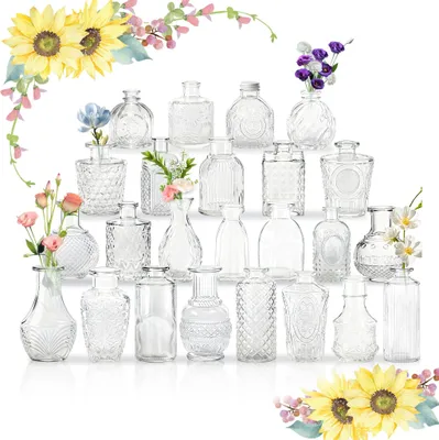 Produktbild von TWOLIIN Kleine Vasen für Tischdeko, Vintage Mini Blumenvasen, Glasvasen für Hochzeit, Babyparty, Wohnungsdeko, Kleine Dekovasen für Blumen Pflanzen oder Geschenk,Transparent 24er Set