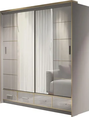 Produktbild von BETTSO Schwebetürenschrank 203 cm mit Spiegel und 4 Schubladen Kleiderschrank mit Kleiderstange und Led Belechtung Einlegeboden BENCH Grau+Grau Glänz