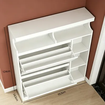 Produktbild von Schuhschrank mit 2 Klappen, 3 Ablagefächer, 2 Geschossig Offen | Schmal Schuhschrank, Trennwand Verstellbar, Platzsparend, 12–15 Paar, für Flur