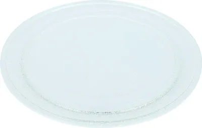A clear glass turntable plate for a microwave.