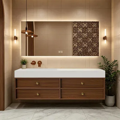 Produktbild von Waschbecken-Set Waschtisch Sinterstein Moderner Waschbecken-Unterschrank  LED Spiegel mit Schublade 120*55cm 【RWC152-120 BKK】