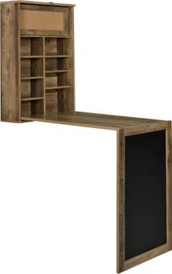 A wall-mounted fold-down desk with a chalkboard and a bulletin board.