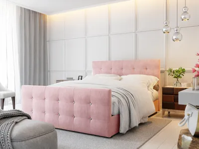 A bedroom scene with a pink upholstered bed as the main focus.