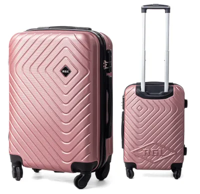 Two rose gold suitcases of different sizes are displayed against a white background. The larger suitcase is shown from the front, and the smaller one is shown from the back with its telescopic handle extended.