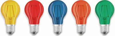 Five colored light bulbs arranged in a row on a white background.