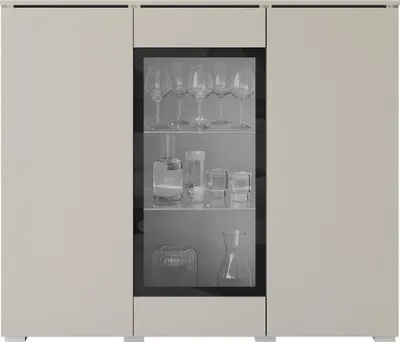 Produktbild von MIRJAN24 Türkommode Vera 120, Stilvoll Wohnzimmer, Kommode mit drei Drehtüren (Farbe: Cashmerebeige, ohne weißer LED Beleuchtung)