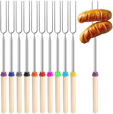 Produktbild von Ibenzoa® 10er Teleskop-Grillspieße aus Edelstahl (30–81 cm) mit Holzgriffen – verstellbare BBQ- & Marshmallow-Spieße