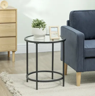 Produktbild von Runder Beistelltisch mit Glasplatte und Metallrahmen, kleiner Kaffeetisch für Wohnzimmer, Schlafzimmer, Schwarz