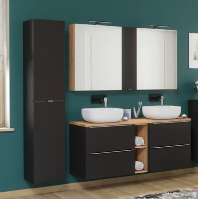 A modern bathroom vanity set with two sinks, a tall cabinet, and mirrors.