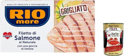 Produktbild von 12x Rio Mare Natürliches Lachsfilet mit einem Tropfen gegrillter Zitrone 125 g + Italian Gourmet polpa 400g