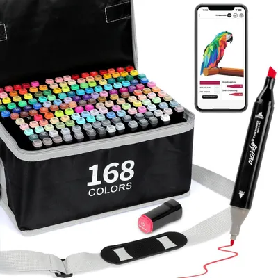 Immagine prodotto di Set di pennarelli alcolici con 168+2 colori, punta doppia (a spatola e a punta fine), miscelabili, atossici, con applicazione