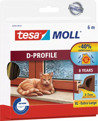 Packaging for TESA D-PROFILE weatherstripping with a cat sitting on a windowsill.