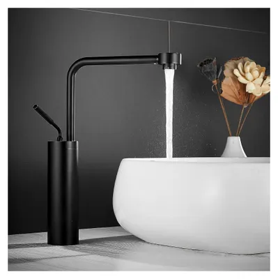 Produktbild von Küchenwasserhahn Schwarz, 360° drehbar, Küchenarmatur aus Messing, Einhebel-Wasserhahn für Bad und Badezimmer, mit Kalt- und Warmwassersteuerung