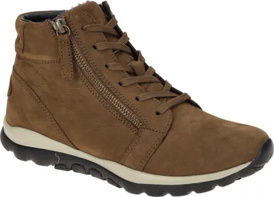 A single brown women's boot is shown against a white background.