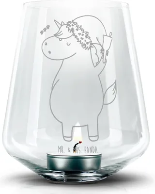 Produktbild von Mr. & Mrs. Panda Teelichthalter Einhorn Weihnachtsmann - Transparent - Geschenk, Laterne, Weihnachten, Kerzenhalter, Glas, Windlicht, Gin, gravur, Einhörner, Schokolade