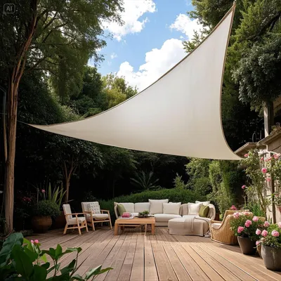 Imagen del producto de Vela solar triangular, 4,8 x 4,8 x 4,8 metros - Protección UV - HDPE - Resistente a la intemperie - Transpirable - Incluye cuerda de sujeción - Malla de sombra
