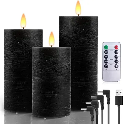 Immagine prodotto di Set di 3 candele LED ricaricabili tramite USB con telecomando, ideali per Halloween, Natale, matrimoni, feste di compleanno - Colore: nero