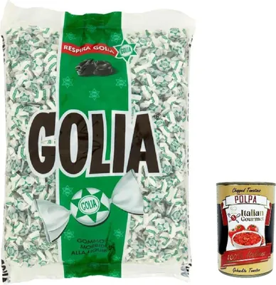 Produktbild von Golia Farfallina Gummibonbons, Lakritzgeschmack, Bonbon einzeln in einem Stück verpackt, 1kg-Packung + Italian Gourmet polpa 400g