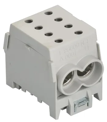 Productafbeelding van Pollmann hoofdleiding-verdeelklem, 1-polig, 1x ingang 2x70mm², 1x uitgang 2x70mm², grijs, verpakking met 3 stuks.