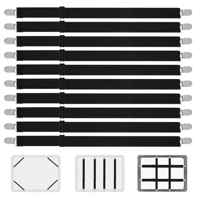 Produktbild von 10 verstellbare Spannbettlakenhalter, bis zu 130 cm elastische Spannbettlakenhalter mit Clips, Spannbettlakenbänder, Spannbettlakenhalter für Sofa, Bügelbrett, Matratzenhalter (Schwarz)